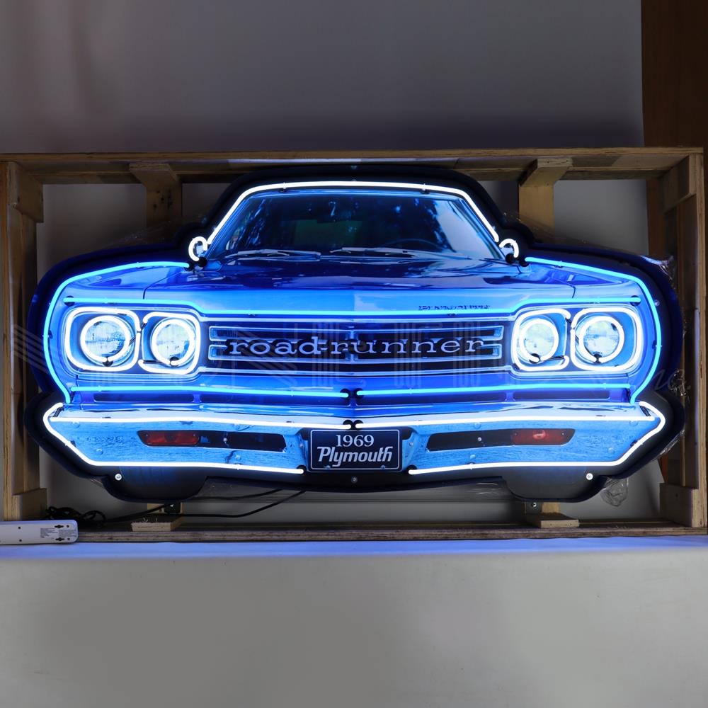 Plymouth Roadrunner Car Front Neon in Stalen Frame 152x76x15cm